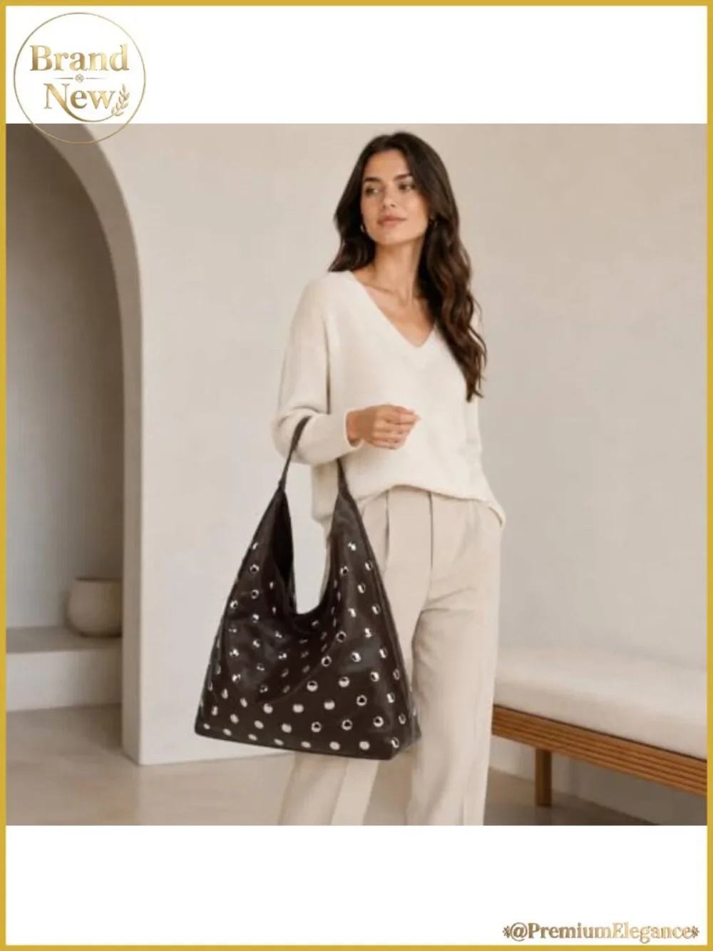 Studded Vegan Leather Hobo Bag Soft Slouchy Tote Shoulder Purse